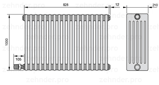 Схема (чертеж) Радиатор Zehnder Charleston 6100/18 №V004 Белый глянцевый RAL 9016